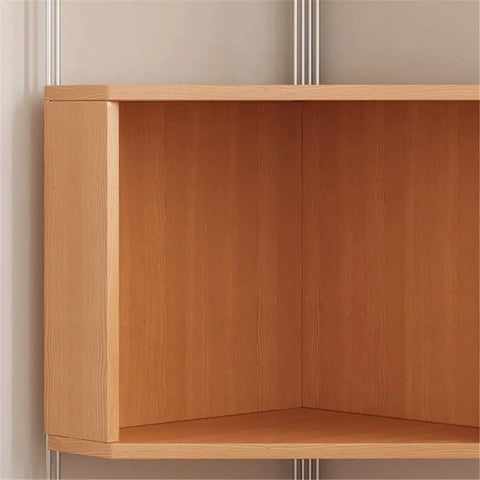 Solid Wood Corner Shelf With Multiple Tiers, Triangular Bookshelf for living room showcasing rich wood texture close-up