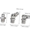 Three sizes of zerk fittings from 45 Piece Grease Fitting Assortment Kit With Straight Bend And Elbow Styles For Hydraulic Systems