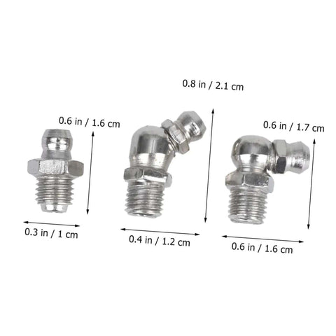 Three sizes of zerk fittings from 45 Piece Grease Fitting Assortment Kit With Straight Bend And Elbow Styles For Hydraulic Systems