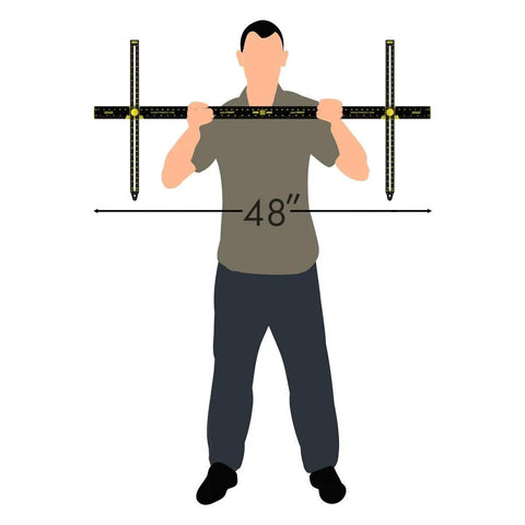 Person holding All In One Picture Hanging Tool With Built In Ruler And Level No Fuss Adjustable Up To 48 Inches Metal Black Wall Mounting Kit
