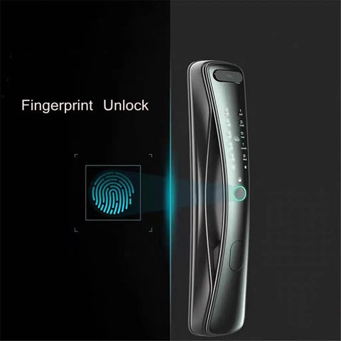 Slick Smart Door Lock With Built In Camera Rock Solid Fingerprint Reader Plus Secure Password IC Card Key Backup For Dead Simple Setup And Reliable Home Security showing fingerprint unlock feature and keypad.
