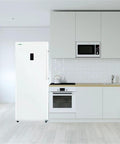 14 Cubic Foot Upright Freezer Refrigerator In Stainless Steel, Convertible Frost Free Cabinet with shelves in modern kitchen.