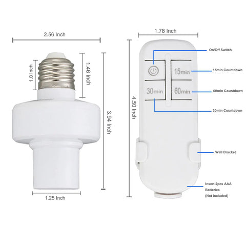 Dimensions of Remote Control Light Socket With Timer Kit for E26 and E27 Bulbs, wireless wall switch, no wiring, easy setup, 2 pack.