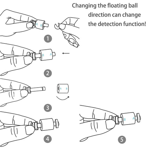 Illustration showing setup of Dual Water Level Alarm Sensor with 120 dB Red Strobe Siren, adjustable floating ball for detection