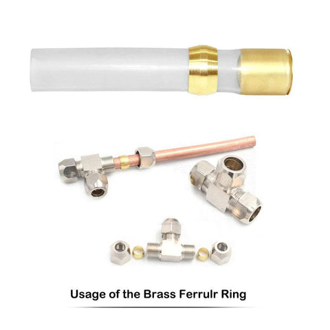 Front view of brass compression fittings with ferrule sleeves for 3/8 inch tube, pack of 40