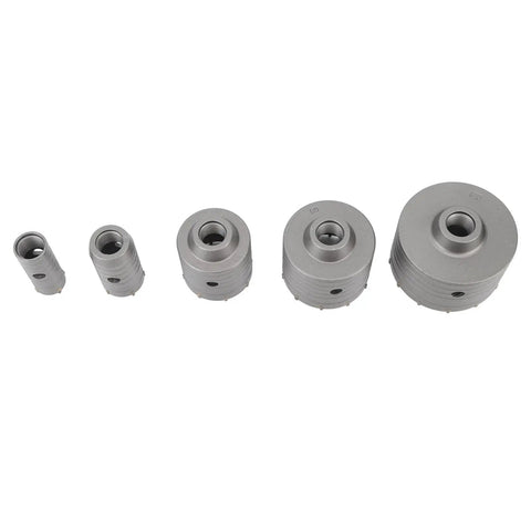 Premium 9-piece Concrete Hole Saw Drill Bit Kit With SDS Plus Arbors And Steel Mandrels For Tough Brick Stone Cement Jobs Featuring Carbide Teeth And Sizes From 30mm To 100mm For Serious Pros. five concrete hole saw bits, 30mm to 100mm