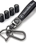 Mercedes Benz Tire Valve Caps And Leather Keychain Set with four dust caps, black leather strap, and iron keyring for car accessories.