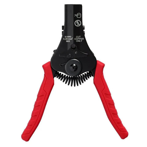 Automatic Wire Stripper Cutter For Quick One-Handed Insulation Removal Up To 1 Inch with red grips and center-mounted leverage