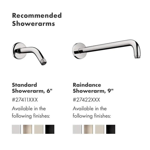 Standard and Raindance shower arms for Rain Showerhead With Air Infusion Three Spray Modes BalanceAir Whirl RainAir in chrome finish.