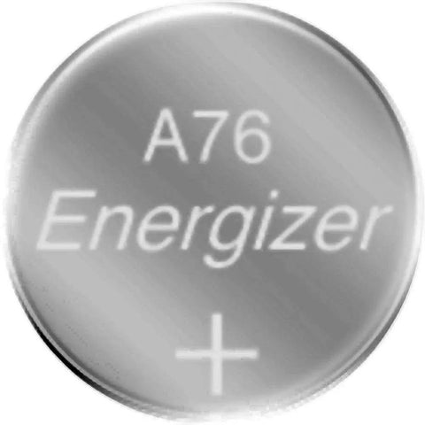 Legit Long Lasting LR44 A76 Alkaline Button Battery Pack 1.5 Volt Coin Cell Power close-up of Energizer A76 battery.