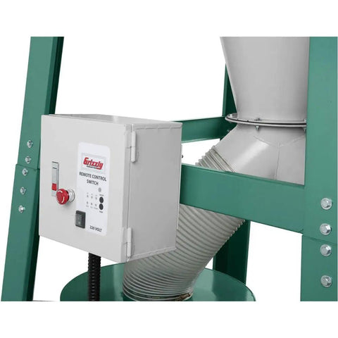 Heavy Duty 10 Horsepower 3 Phase Cyclone Dust Collector With 4029 CFM suction, featuring remote control switch and hose connection.