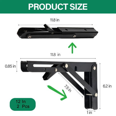 Tough As Nails Heavy Duty Folding Shelf Brackets 12 Inch dimensions shown, measuring 11.8 in and 6.2 in for space saving use.