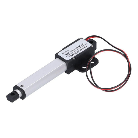 Mini Aluminum Linear Actuator, 50mm Stroke, 150N Push Force, 12V DC with black mounting bracket and wiring