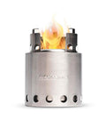 Ultra Lightweight Packable Camping Stove For Hiking And Survival With Gasification Rocket Design For Clean Burning Wood Fuel Quick Boil And Low Smoke Four Point Two Inch Size Under Nine Ounces burning with wood fuel