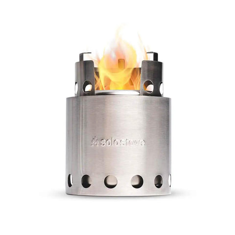 Ultra Lightweight Packable Camping Stove For Hiking And Survival With Gasification Rocket Design For Clean Burning Wood Fuel Quick Boil And Low Smoke Four Point Two Inch Size Under Nine Ounces burning with wood fuel