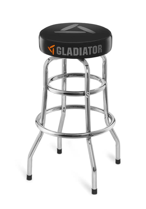 Heavy Duty Chrome Garage Work Stool With Double Ring Leg Construction, 300 Lb Capacity, rubber capped legs, black seat