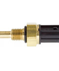 Engine coolant temperature sensor with brass body, threaded end and black plastic connector, side view.