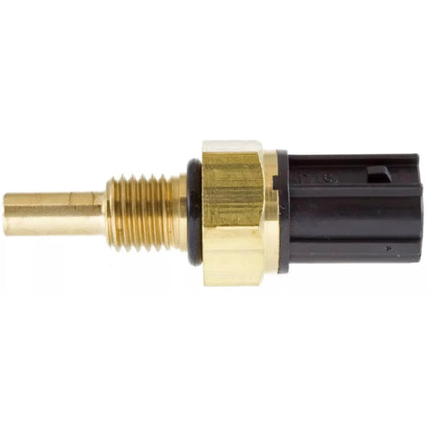Engine coolant temperature sensor with brass body, threaded end and black plastic connector, side view.