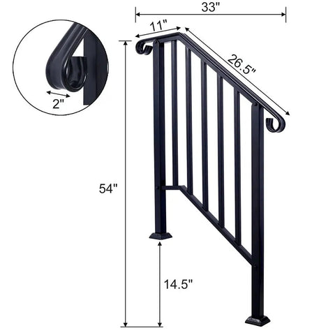 Rock Solid Three Step Outdoor Handrail Featuring Smooth Curved Wrought Iron Frame With Heavy Duty Rust Resistant Steel Railing, 54" height