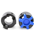Built Tough L Shaped Plum Servo Motor Coupling Featuring Star Flex Design, black with blue star pattern.