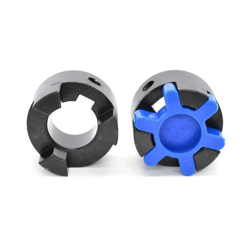 Built Tough L Shaped Plum Servo Motor Coupling Featuring Star Flex Design, black with blue star pattern.