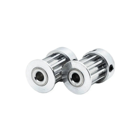 Rock Solid HTD 5M Ten Tooth Timing Pulley With Precision Keyway For CNC Transmission Belt Drives Smooth Low Drag Drive Wheel Built Tough Industrial Hardware Five Pack, close-up view of two metallic timing pulleys.