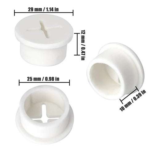 Twelve Pack One Inch White Silicone Cable Grommets For Home Office Desk Heavy Duty Wire Hole Covers with dimensions shown.