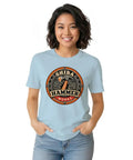Cool Vintage Hammer Gear Badge Shiba T-Shirt For True DIY Guys Who Love Garage Art Retro Distressed Look Unisex Style With Bold Design on a woman in light blue.
