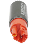 Beefed Up 340LPH High Performance Fuel Pump For Subaru And Honda Vehicles Replaces AEM 50-1215 Delivers Up To 600 HP In NA Turbo And Supercharged Setups Gasoline Or E85 Compatible With A 125.8 Psi Bypass Valve For Strong, Reliable Fuel Delivery And USA, shown in red and black with connector end view.
