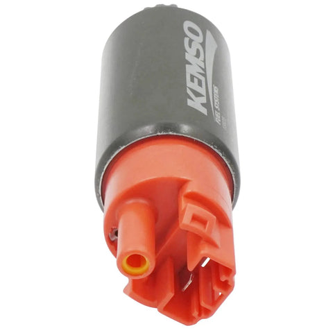 Beefed Up 340LPH High Performance Fuel Pump For Subaru And Honda Vehicles Replaces AEM 50-1215 Delivers Up To 600 HP In NA Turbo And Supercharged Setups Gasoline Or E85 Compatible With A 125.8 Psi Bypass Valve For Strong, Reliable Fuel Delivery And USA, shown in red and black with connector end view.
