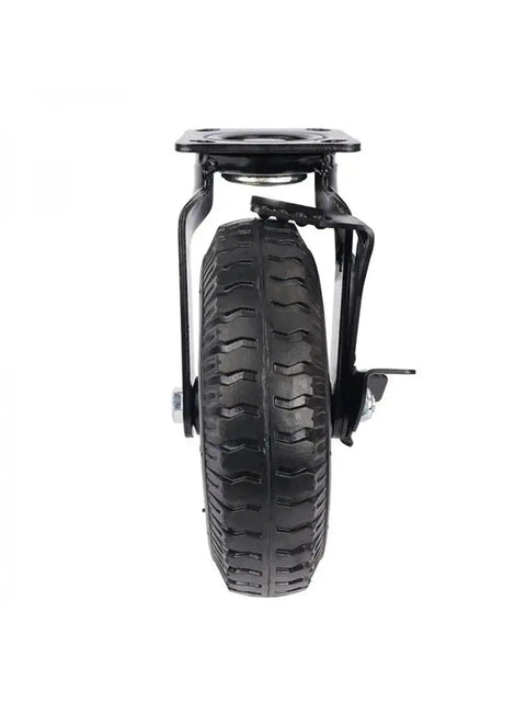 Rock Solid Eight Inch Pneumatic Rubber Caster With Side Brake Lock For Hotel Luggage Cart Rollin Smooth And Hassle Free Universal Stem Mount Caddy Wheel, viewed from front showing tread and brake.