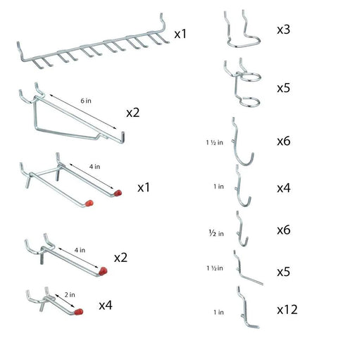 51 Piece Pegboard Hook Set for Garage Organization and Tool Storage, showing zinc finish hooks for 1/8 and 1/4 inch pegboards