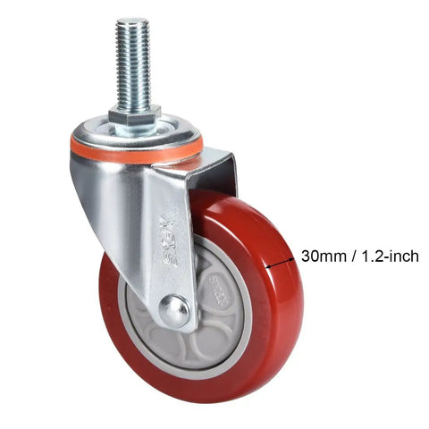 Rock Solid Heavy Duty Furniture Casters With Polyurethane Swivel Wheels That Roll Smooth As Butter And Mount Securely Via Threaded Stem For Benches And Tool Chests Zero Squeaks Guaranteed, showing a close-up of a swivel caster with a 30mm wheel.