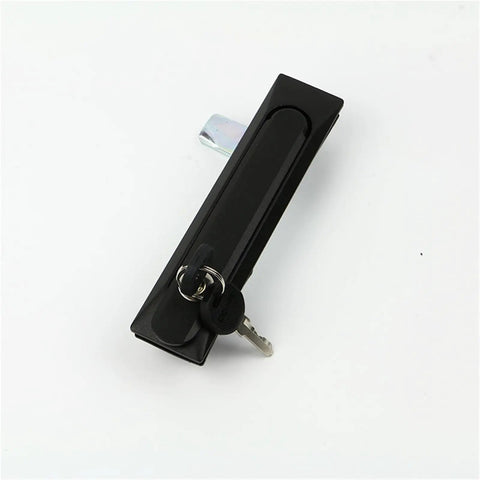 Slick Swing Handle Lock For Cabinet Doors And Industrial Automation Gear Rock Solid Flush Mount Design with keys attached.