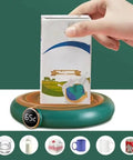 Premium Usb Cup Warmer Featuring Smart Thermostatic Three Heat Settings For Coffee Mug Milk Tea And Water Heating Coaster in use with a drink carton.