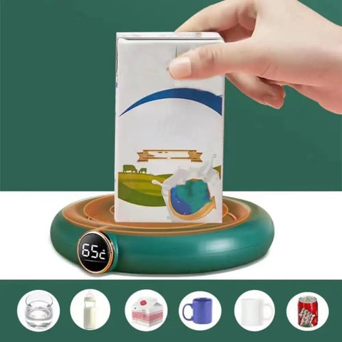 Premium Usb Cup Warmer Featuring Smart Thermostatic Three Heat Settings For Coffee Mug Milk Tea And Water Heating Coaster in use with a drink carton.