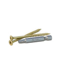 Heavy Duty Exterior Deck Screws Built Like A Tank, Six Lobe Drive Bronze Coating, 350 Count Pro Kit Adds Driver Bit, showing screws and driver bit.