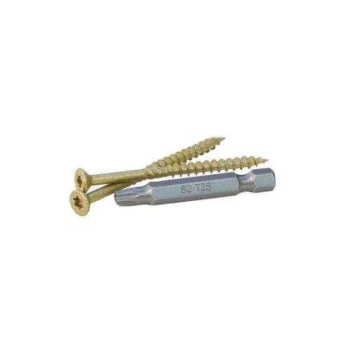 Heavy Duty Exterior Deck Screws Built Like A Tank, Six Lobe Drive Bronze Coating, 350 Count Pro Kit Adds Driver Bit, showing screws and driver bit.