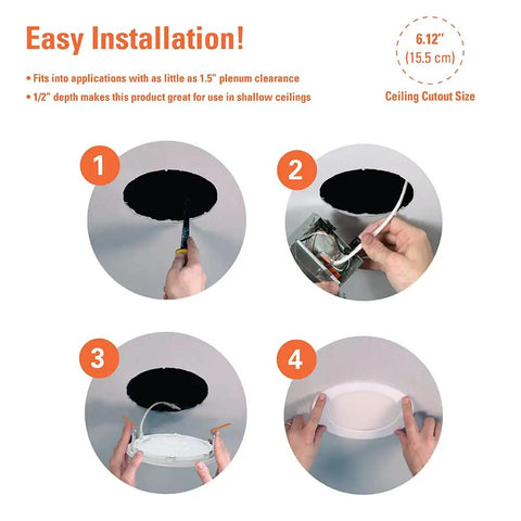 Easy installation steps for Ultra Slim 6 Inch LED Recessed Light Canless, Dimmable with Selectable Color Temperatures