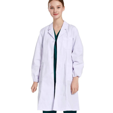 Unisex Lab Coat White Long Sleeve For Doctors And Nurses Durable 35 Percent Cotton 65 Percent Polyester Blend Breathable Pro Style