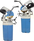 13 Inch 3 Phase Cold Saw Metal Cutter With Heavy Duty Stand And Swivel Vise For Ferrous Materials 1.5 HP 220V Dual Speed Circular Tool shown in two angles.