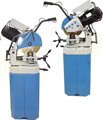 13 Inch 3 Phase Cold Saw Metal Cutter With Heavy Duty Stand And Swivel Vise For Ferrous Materials 1.5 HP 220V Dual Speed Circular Tool shown in two angles.