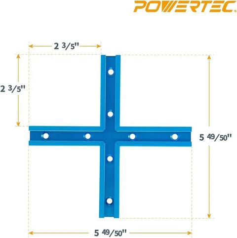 Double-Cut Universal T-Track And Intersection Kit blue aluminum intersection piece with dimensions for precise fixture placement.