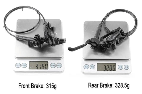 Hella Smooth Hydraulic Disc Brake Kit For Ebikes And Mountain Bikes With Top Shelf Aluminum Build Badass Piston Power Off System Fits 160 Mm Rotors Black Finish weighs 315g front and 328.5g rear