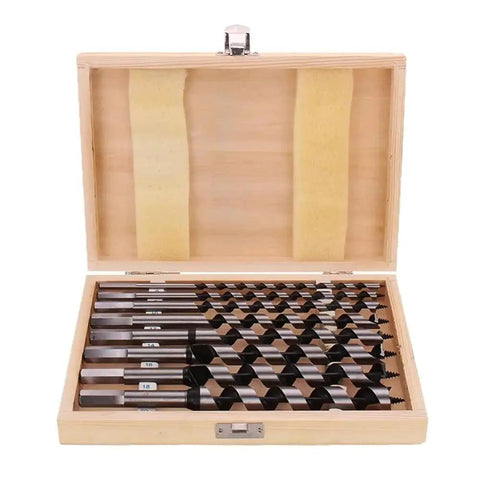 Badass Eight Piece Auger Drill Bit Set With Two Three Zero Millimeter Hex Shank crafted for deep woodworking tasks in wooden case.