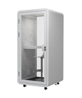 Mobile Soundproof Office Pod Booth With Smooth Rolling Wheels And Auto Swing Door, featuring clear glass door and interior seating.
