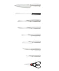 Gotta Have This Knockout 15 Piece Kitchen Knife Set Featuring Hella Sharp High Carbon Stainless Steel Blades, seven knives and shears.
