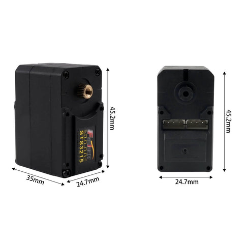 Front and side view of STS3215 Beefy 19KG Digital Servo Motor with 7.4V power, dual axis TTL serial control, and 360 degree encoder.
