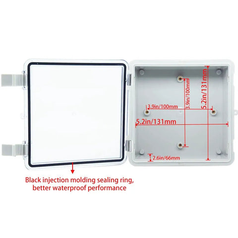 Open view of Built Tough IP67 Waterproof ABS Junction Box With Hinged Clear Cover Two NPT Half Inch Cable Glands Electrical Enclosure