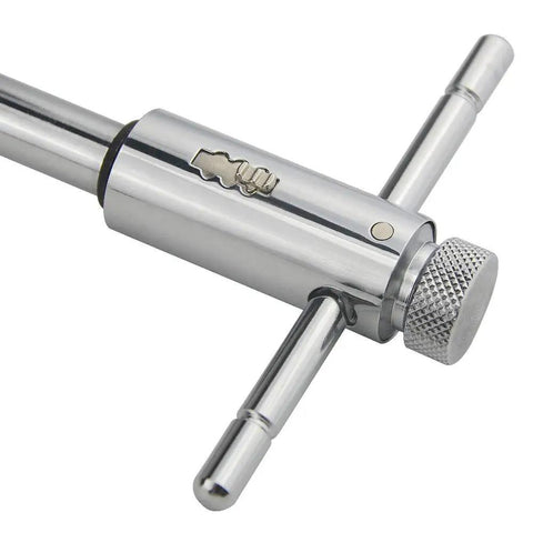 Adjustable Ratchet Tap Wrench Kit 248mm T Handle Holder Reversible Bothway Tool, chrome finish close-up view.